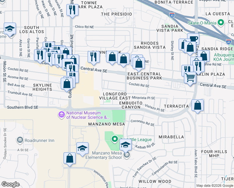 map of restaurants, bars, coffee shops, grocery stores, and more near 10932 Jicama Way Southeast in Albuquerque