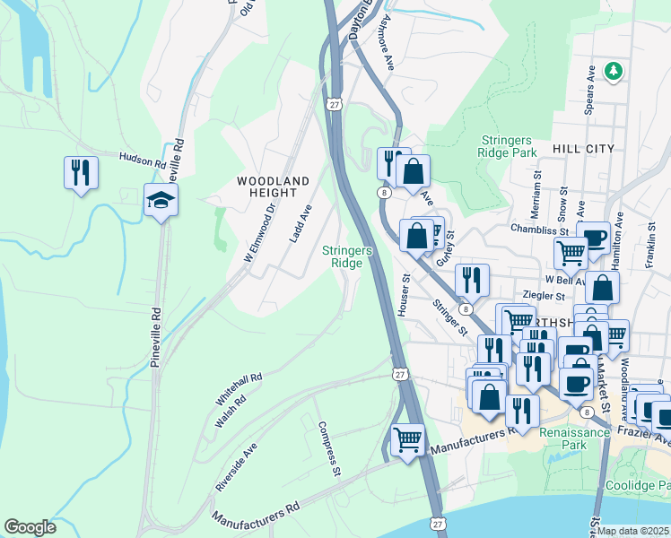 map of restaurants, bars, coffee shops, grocery stores, and more near 561 Whitehall Road in Chattanooga