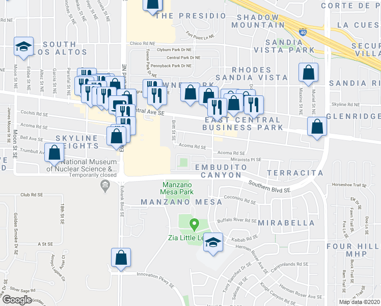 map of restaurants, bars, coffee shops, grocery stores, and more near 10831 Jicama Way Southeast in Albuquerque