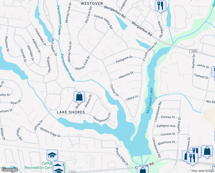 map of restaurants, bars, coffee shops, grocery stores, and more near 387 Conifer Drive in Fayetteville