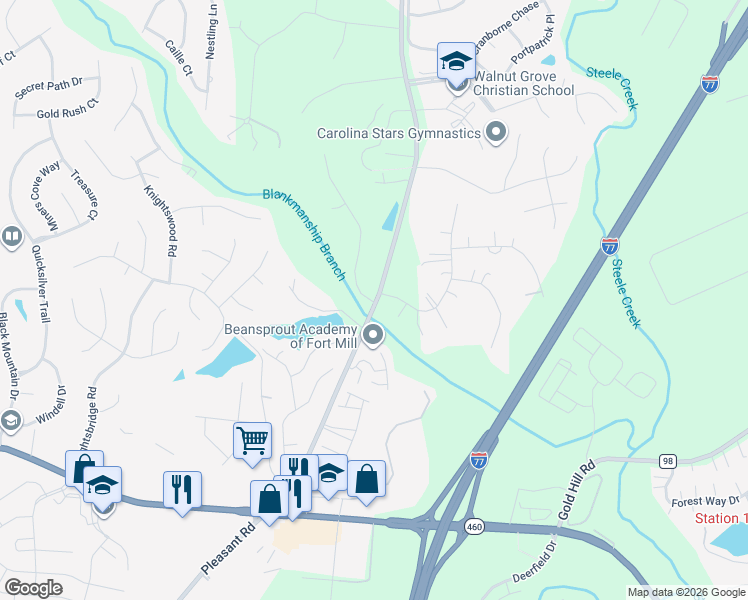 map of restaurants, bars, coffee shops, grocery stores, and more near 3201-3245 Pleasant Road in Fort Mill