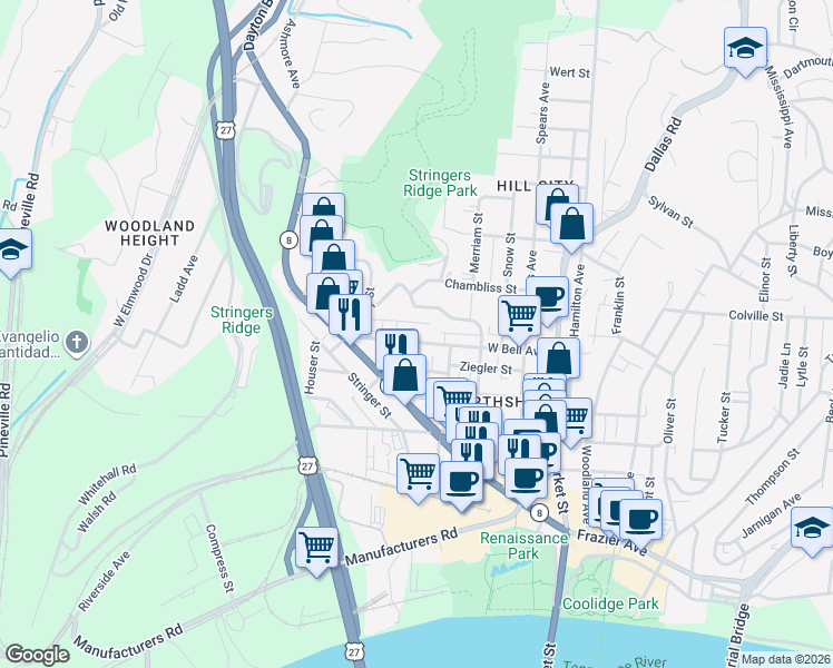 map of restaurants, bars, coffee shops, grocery stores, and more near 420 West Bell Avenue in Chattanooga