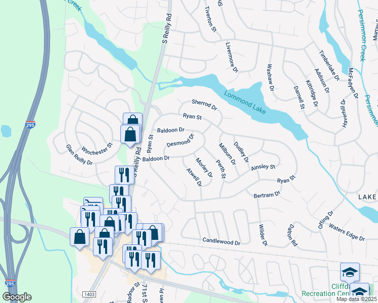 map of restaurants, bars, coffee shops, grocery stores, and more near 6706 Baldoon Drive in Fayetteville