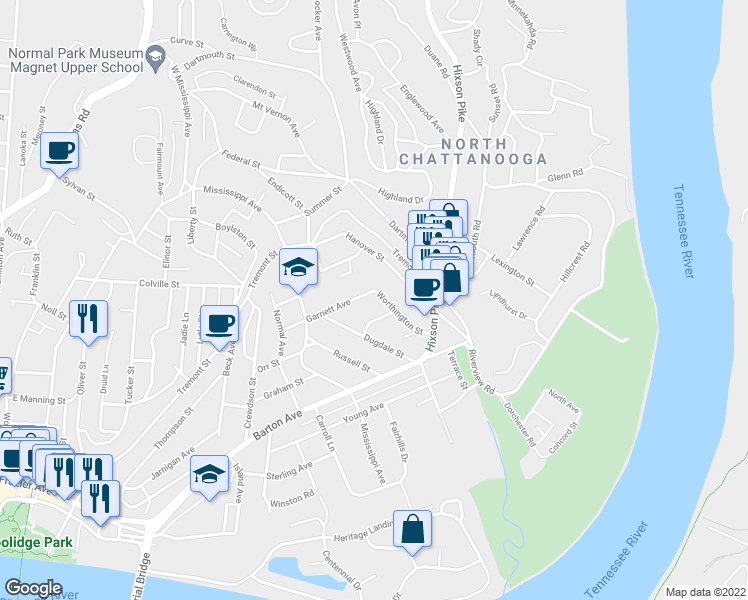 map of restaurants, bars, coffee shops, grocery stores, and more near 913 Overman Street in Chattanooga