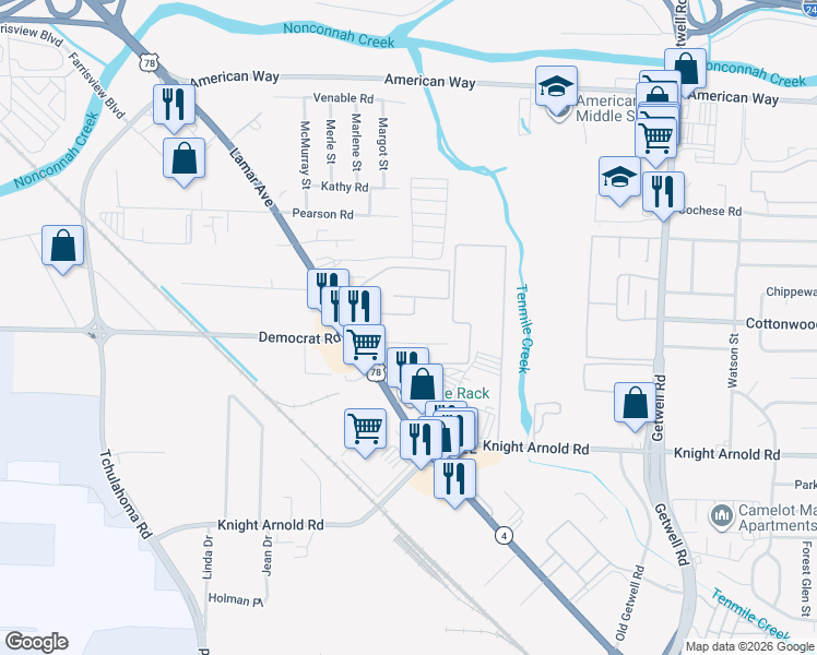 map of restaurants, bars, coffee shops, grocery stores, and more near 3658 Democrat Road in Memphis