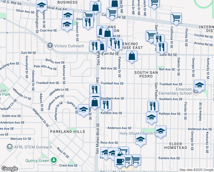 map of restaurants, bars, coffee shops, grocery stores, and more near 813 Ortiz Drive Southeast in Albuquerque