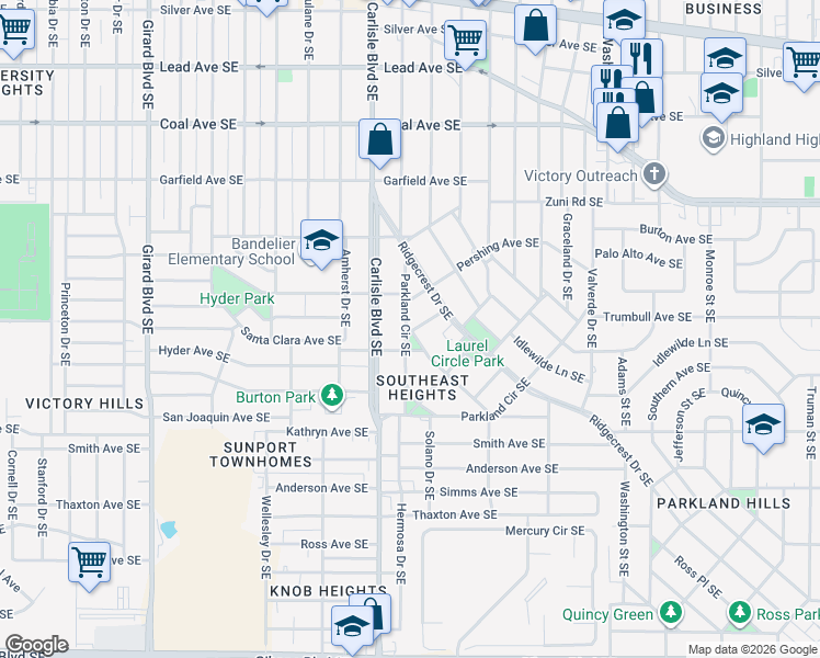 map of restaurants, bars, coffee shops, grocery stores, and more near 723 Parkland Circle Southeast in Albuquerque