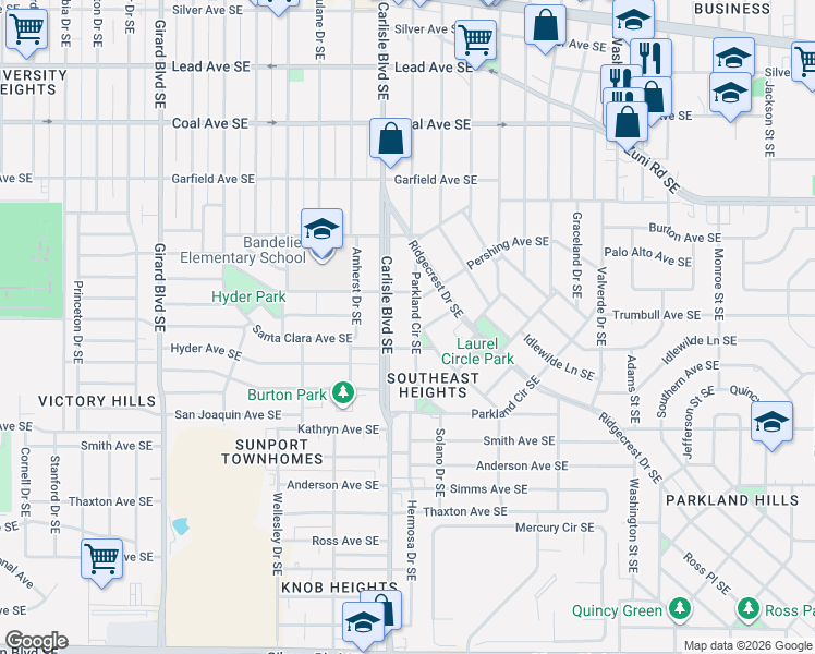 map of restaurants, bars, coffee shops, grocery stores, and more near 723 Parkland Circle Southeast in Albuquerque