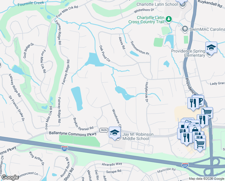 map of restaurants, bars, coffee shops, grocery stores, and more near 5908 Lake Providence Lane in Charlotte