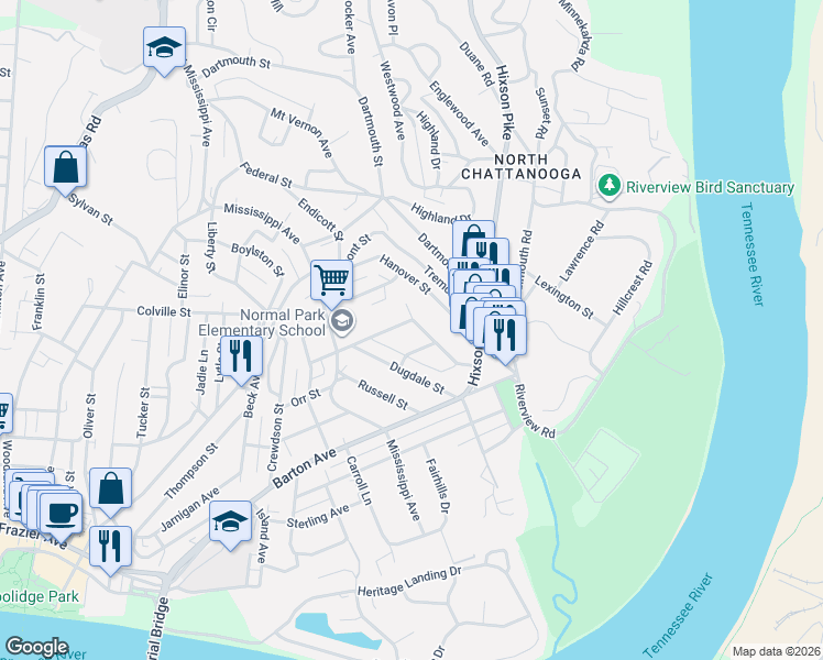 map of restaurants, bars, coffee shops, grocery stores, and more near 913 Overman Street in Chattanooga