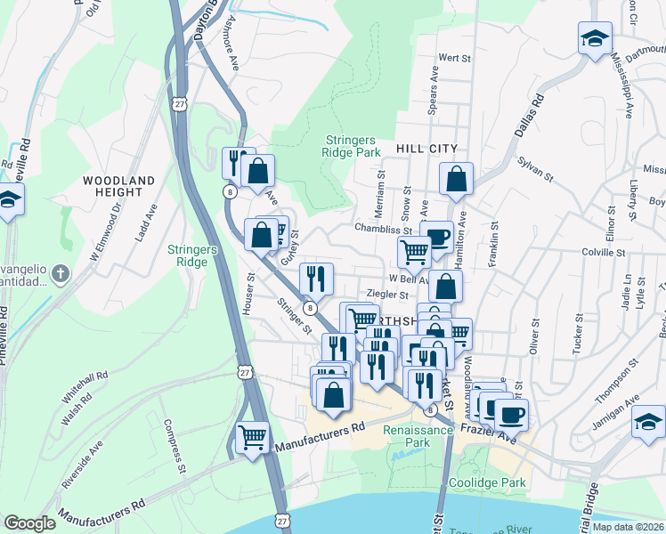 map of restaurants, bars, coffee shops, grocery stores, and more near 420 West Bell Avenue in Chattanooga