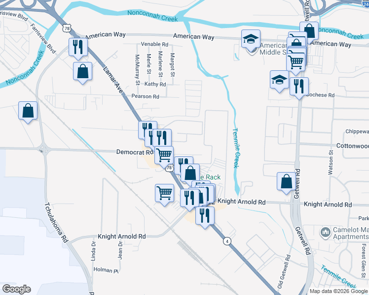 map of restaurants, bars, coffee shops, grocery stores, and more near 3658 Democrat Road in Memphis