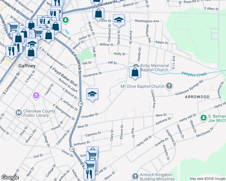 map of restaurants, bars, coffee shops, grocery stores, and more near 201 Chandler Drive in Gaffney
