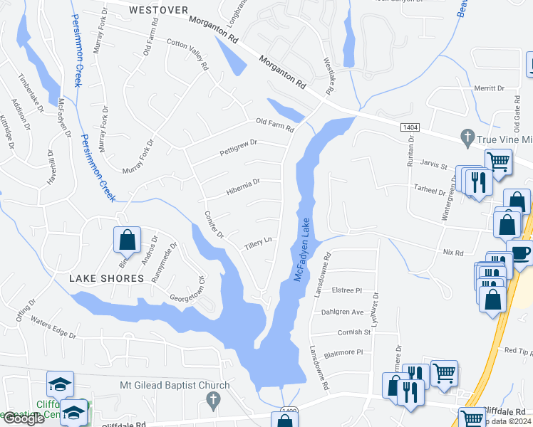 map of restaurants, bars, coffee shops, grocery stores, and more near 5808 Badin Court in Fayetteville