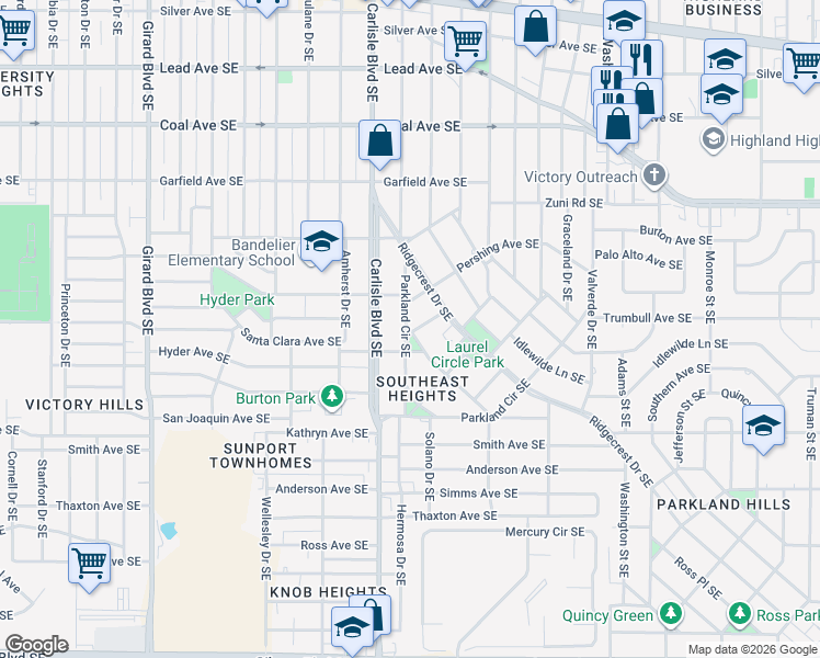 map of restaurants, bars, coffee shops, grocery stores, and more near 759 Grandview Drive Southeast in Albuquerque