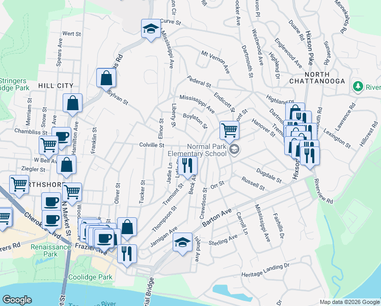 map of restaurants, bars, coffee shops, grocery stores, and more near 671 Tremont Place in Chattanooga