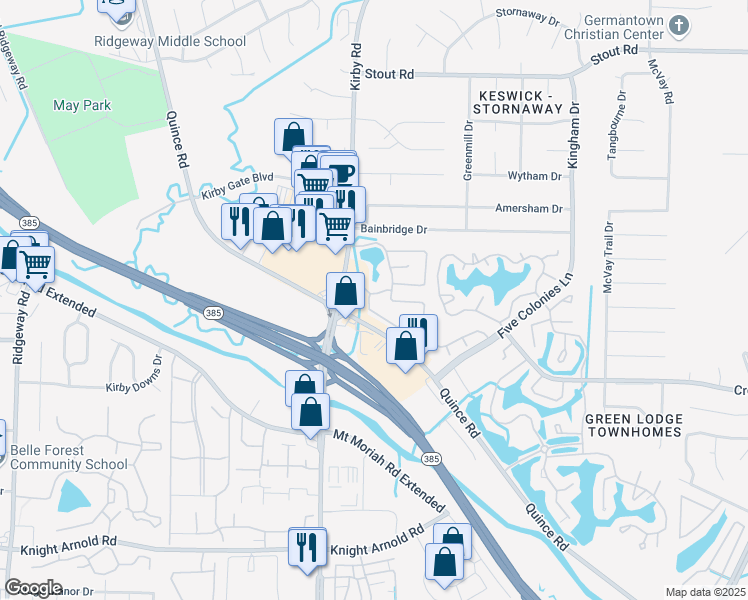 map of restaurants, bars, coffee shops, grocery stores, and more near 6651 Pondside Circle in Memphis