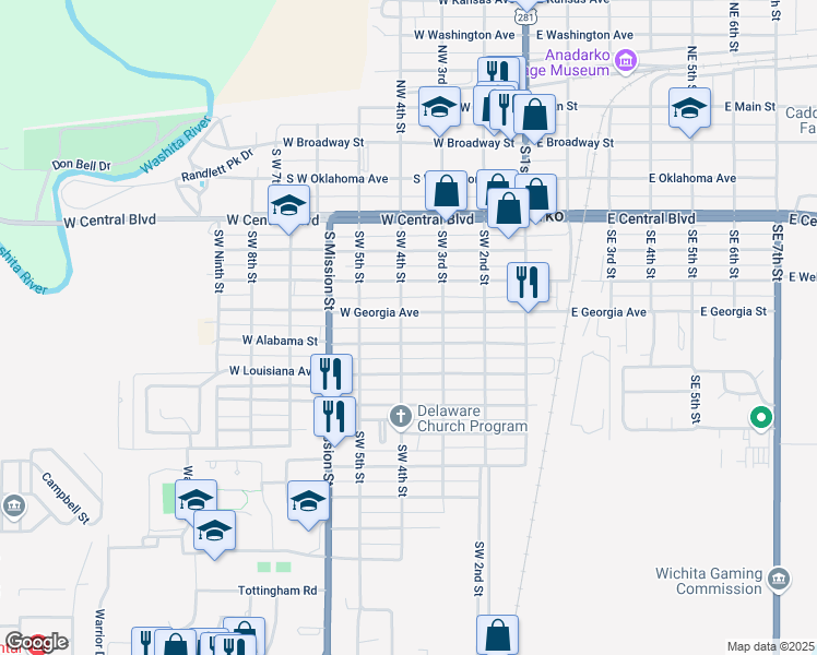 map of restaurants, bars, coffee shops, grocery stores, and more near 315 West Alabama Avenue in Anadarko