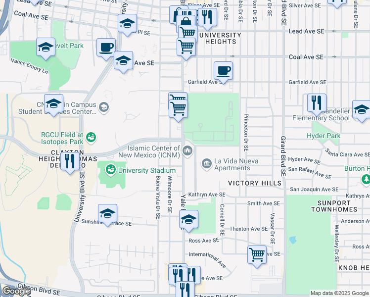map of restaurants, bars, coffee shops, grocery stores, and more near 1100 Yale Blvd SE in Albuquerque