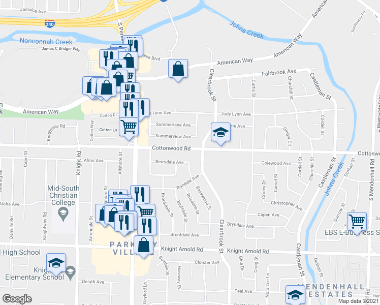 map of restaurants, bars, coffee shops, grocery stores, and more near 4873 Cottonwood Road in Memphis