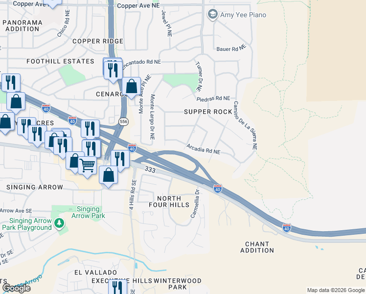 map of restaurants, bars, coffee shops, grocery stores, and more near 14018 Arcadia Road Northeast in Albuquerque