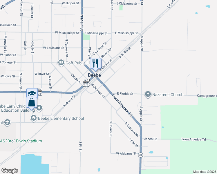 map of restaurants, bars, coffee shops, grocery stores, and more near 206 South Main Street in Beebe