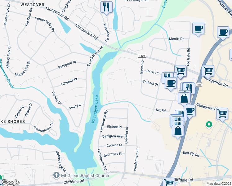map of restaurants, bars, coffee shops, grocery stores, and more near 5536 Faith Drive in Fayetteville