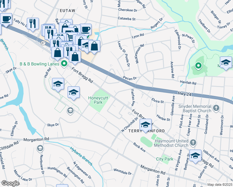 map of restaurants, bars, coffee shops, grocery stores, and more near 2601 Berma Court in Fayetteville
