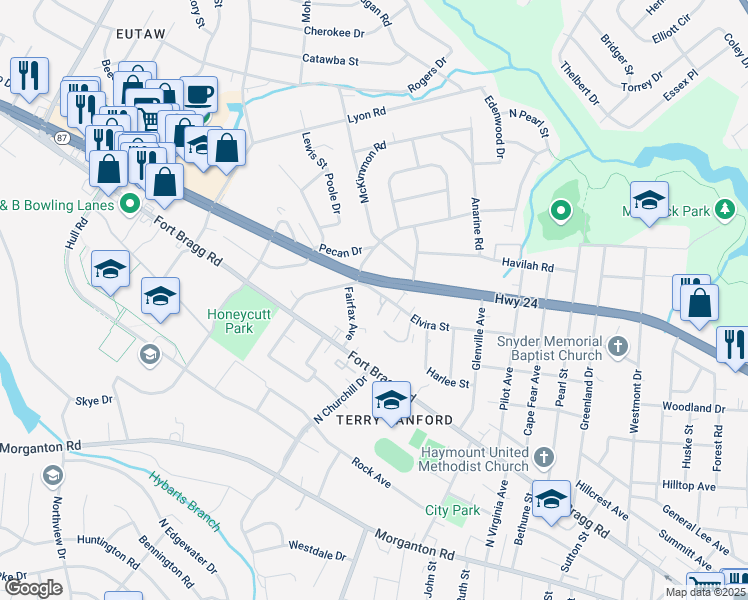 map of restaurants, bars, coffee shops, grocery stores, and more near 2107 Wexford Oaks Court in Fayetteville