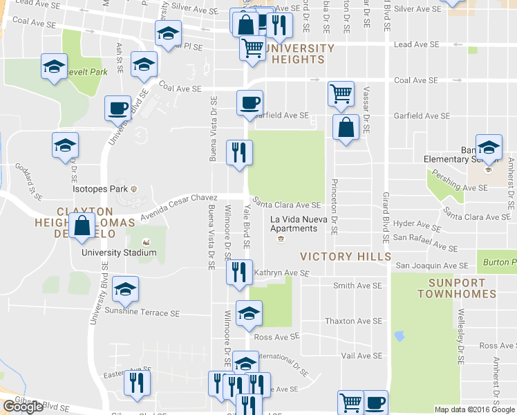 map of restaurants, bars, coffee shops, grocery stores, and more near 1100 Yale Boulevard Southeast in Albuquerque