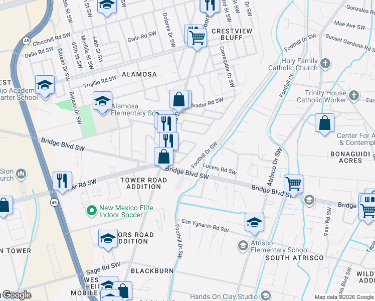 map of restaurants, bars, coffee shops, grocery stores, and more near 917 Foothill Drive Southwest in Albuquerque