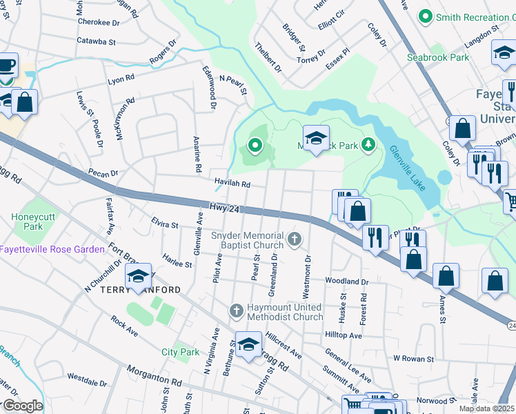 map of restaurants, bars, coffee shops, grocery stores, and more near 552 Pearl Street in Fayetteville