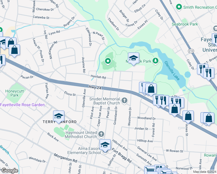 map of restaurants, bars, coffee shops, grocery stores, and more near 552 Pearl Street in Fayetteville