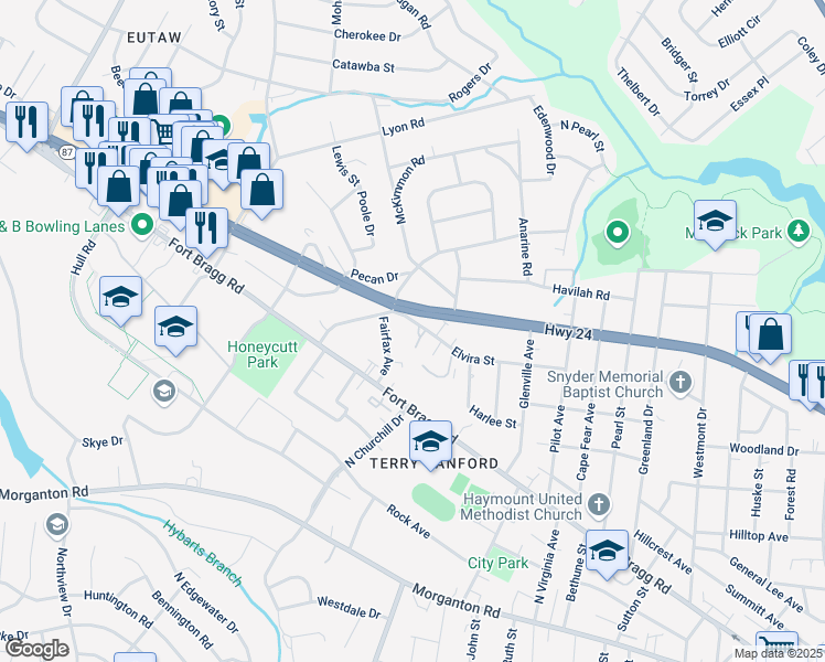 map of restaurants, bars, coffee shops, grocery stores, and more near 2107 Wexford Oaks Court in Fayetteville