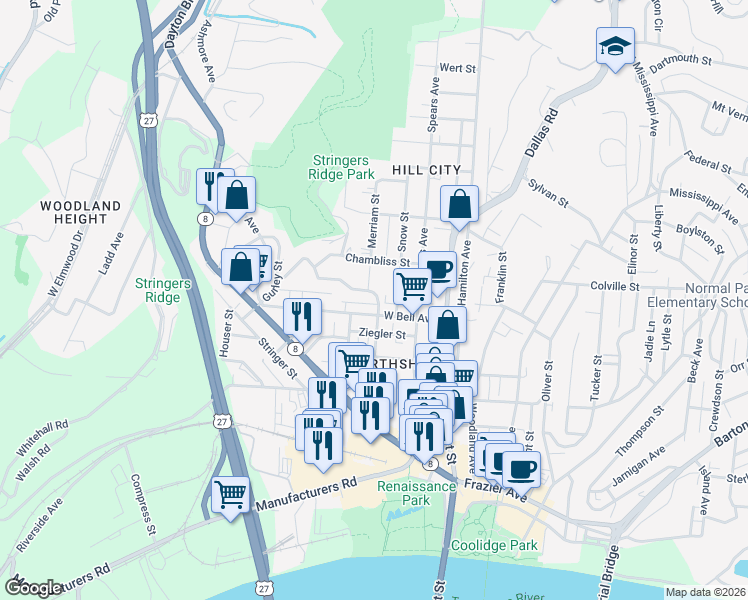 map of restaurants, bars, coffee shops, grocery stores, and more near 315 West Bell Avenue in Chattanooga