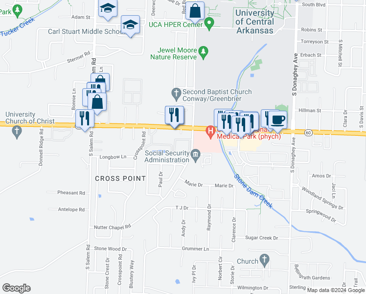 map of restaurants, bars, coffee shops, grocery stores, and more near 831 Nutter Chapel Road in Conway