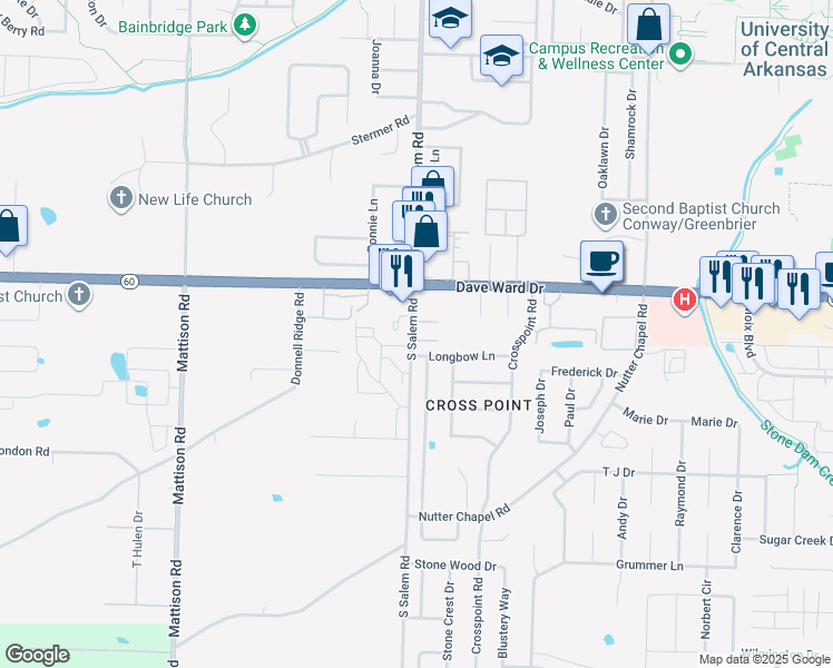 map of restaurants, bars, coffee shops, grocery stores, and more near 2850 Longbow Lane in Conway
