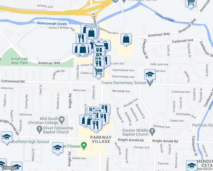 map of restaurants, bars, coffee shops, grocery stores, and more near 4767 Cottonwood Road in Memphis