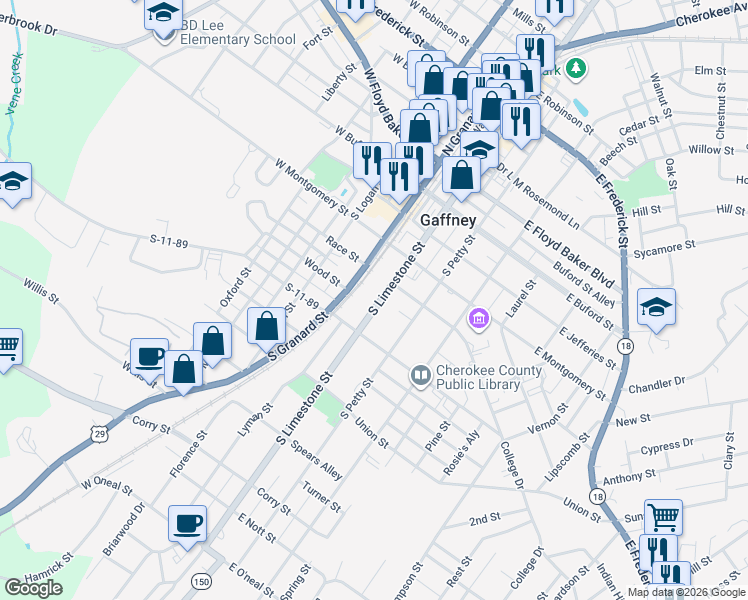 map of restaurants, bars, coffee shops, grocery stores, and more near 423 South Limestone Street in Gaffney
