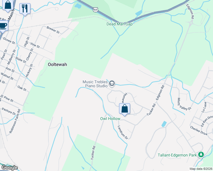 map of restaurants, bars, coffee shops, grocery stores, and more near 5576 Jonquil Lane in Ooltewah