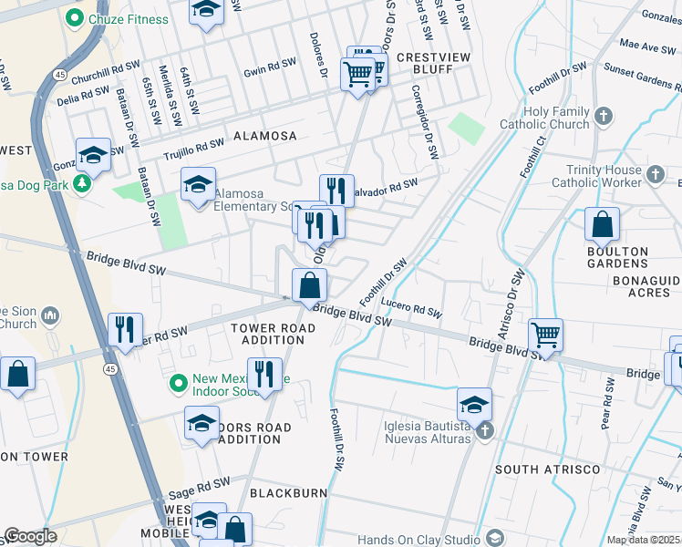 map of restaurants, bars, coffee shops, grocery stores, and more near 2815 Rio Vista Court Southwest in Albuquerque