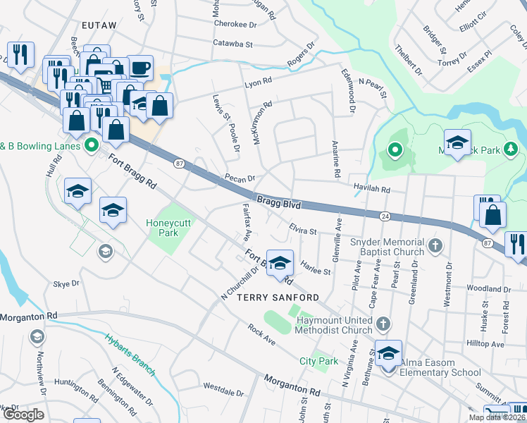 map of restaurants, bars, coffee shops, grocery stores, and more near 412 Fairfax Avenue in Fayetteville