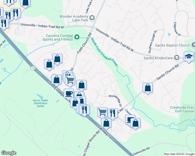 map of restaurants, bars, coffee shops, grocery stores, and more near 1111 Trego Lane in Indian Trail