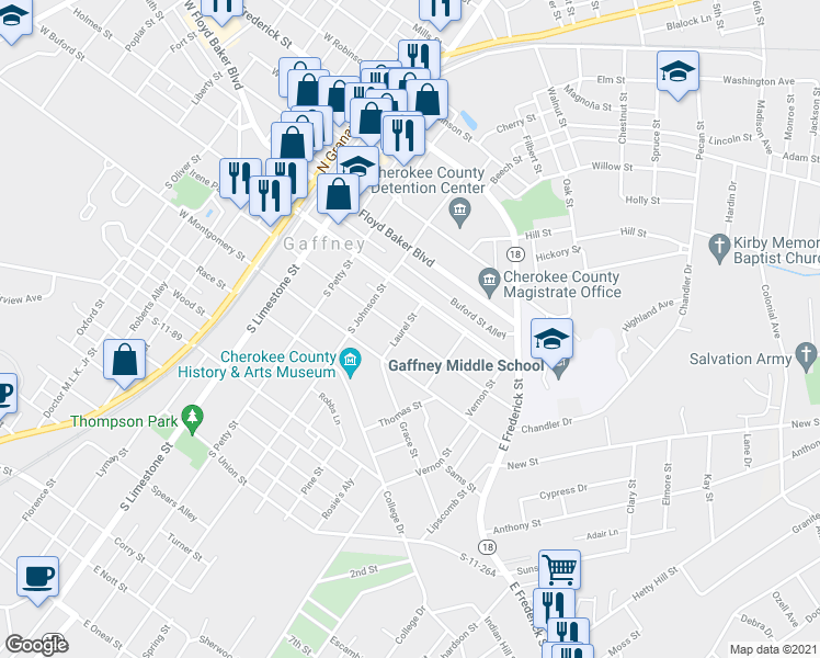 map of restaurants, bars, coffee shops, grocery stores, and more near 109 Laurel Street in Gaffney