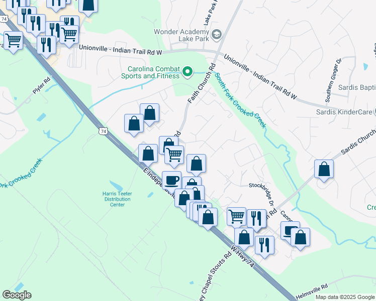 map of restaurants, bars, coffee shops, grocery stores, and more near 4103 Martina Drive in Indian Trail