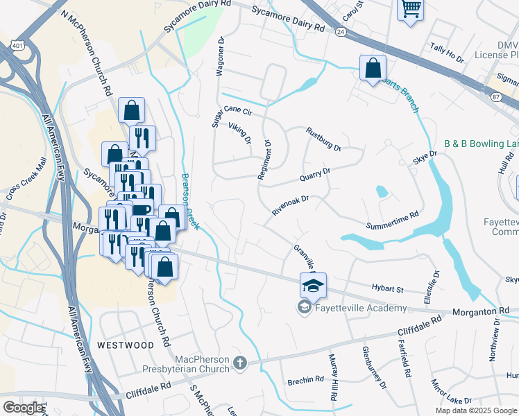 map of restaurants, bars, coffee shops, grocery stores, and more near 3409 Regiment Drive in Fayetteville