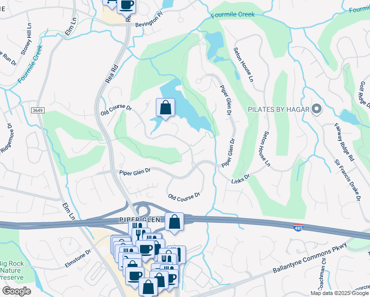 map of restaurants, bars, coffee shops, grocery stores, and more near 4609 Old Course Drive in Charlotte