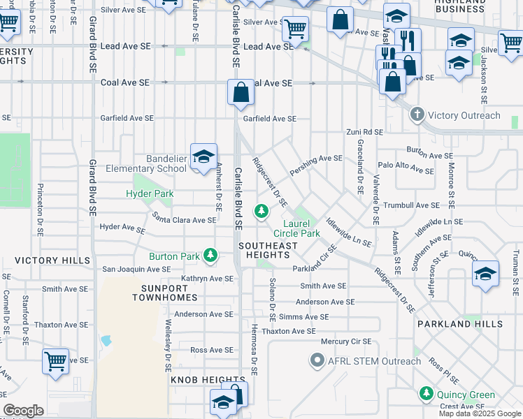 map of restaurants, bars, coffee shops, grocery stores, and more near 759 Grandview Drive Southeast in Albuquerque