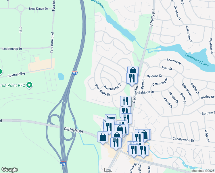 map of restaurants, bars, coffee shops, grocery stores, and more near 6737 Winchester Street in Fayetteville