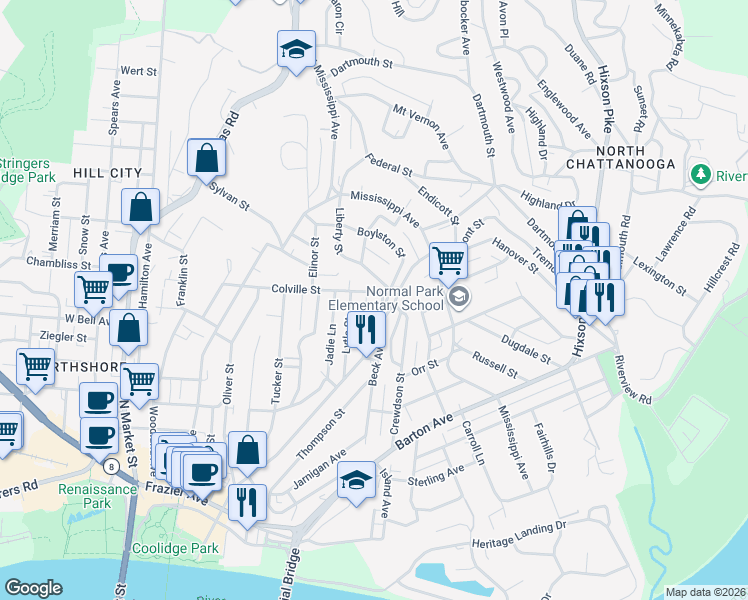 map of restaurants, bars, coffee shops, grocery stores, and more near 671 Tremont Place in Chattanooga